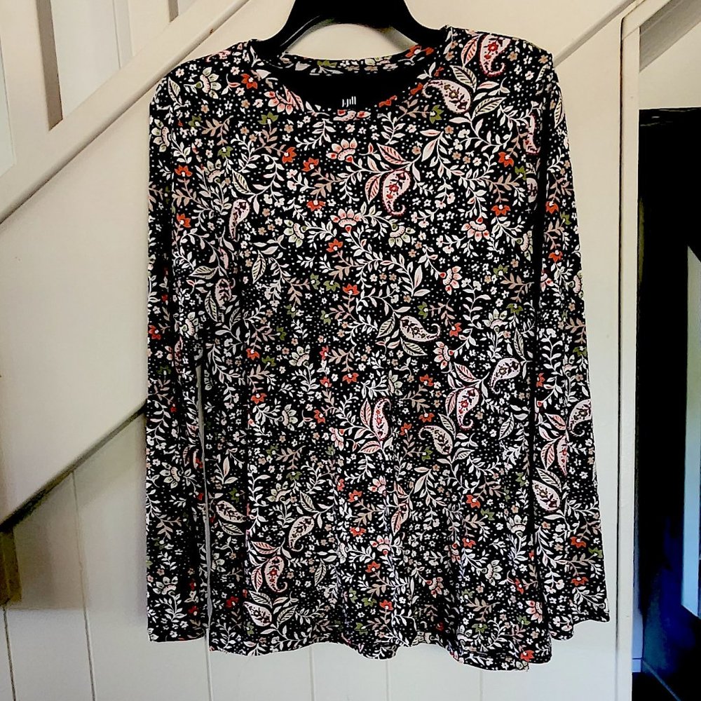 J. Jill Pima Cotton Floral Print Tee Tunic, Medium, Long Sleeve